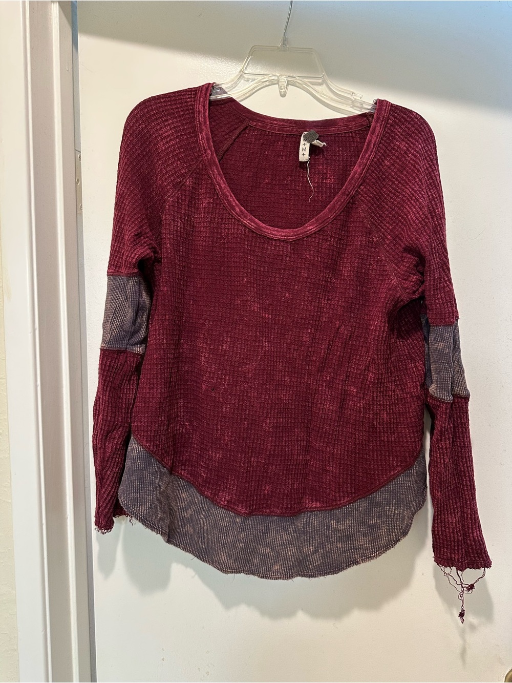 We The Free Burgundy Waffle-Knit Long Sleeve Top with Mauve Panels Medium